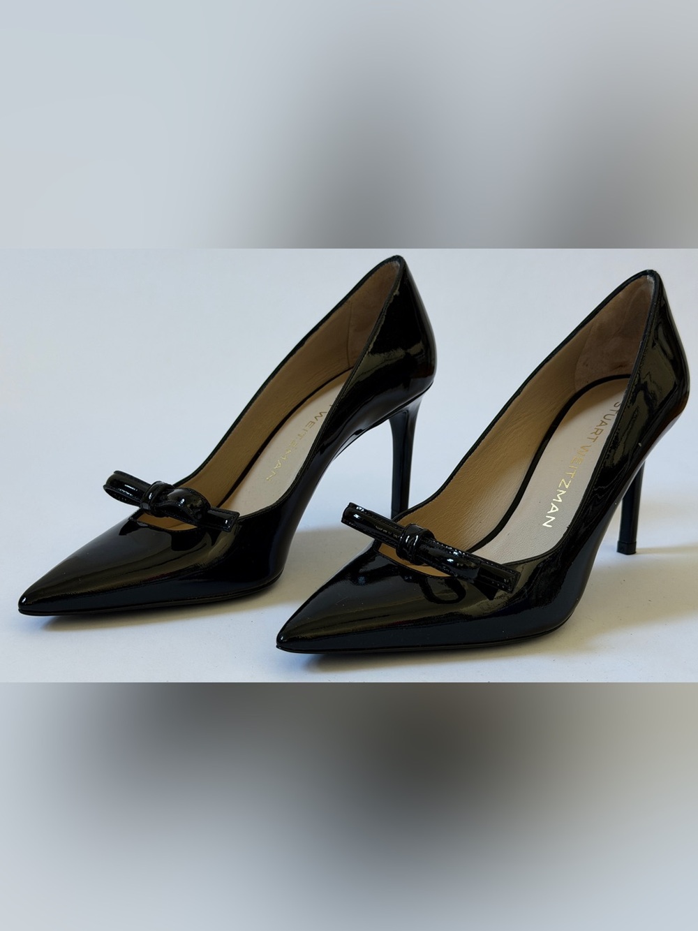 Stuart Weitzman Felicity 85 Patent Leather Pointed Toe Bow Pump - Black